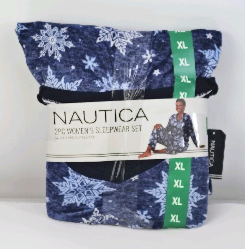 Nautica Womens 2pc Pajama Set XL Blue Snowflake Silky Stretch Fleece Sleepwear